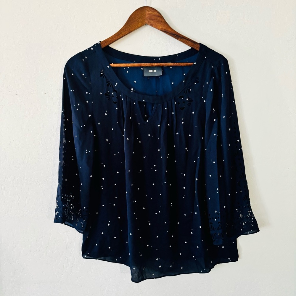 Anthropologie Maeve Teni Star Print Blouse | Laser Cut Keyhole‎ Navy | US Size 6